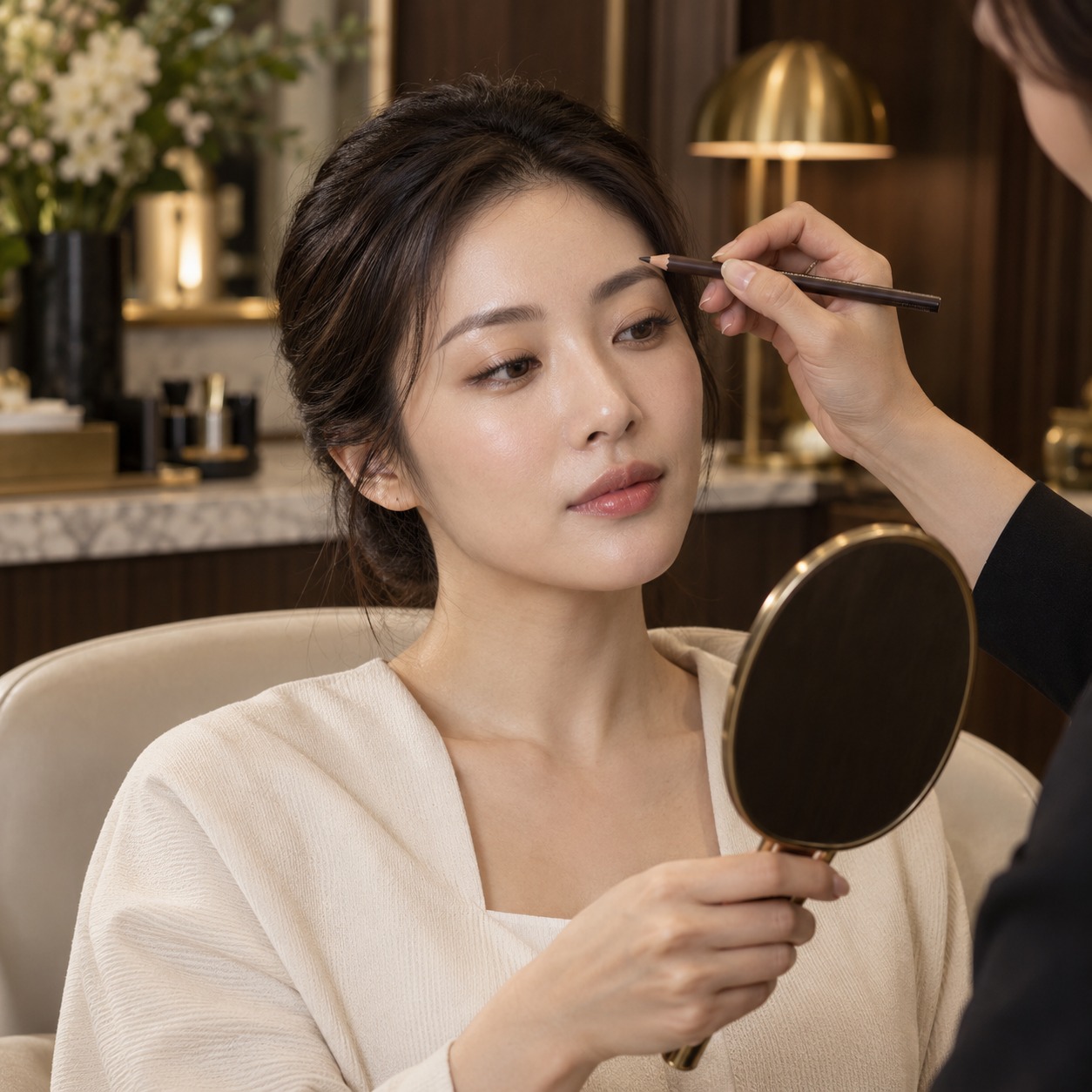 거울과 디자인 펜슬을 사용한 눈썹 상담 이미지